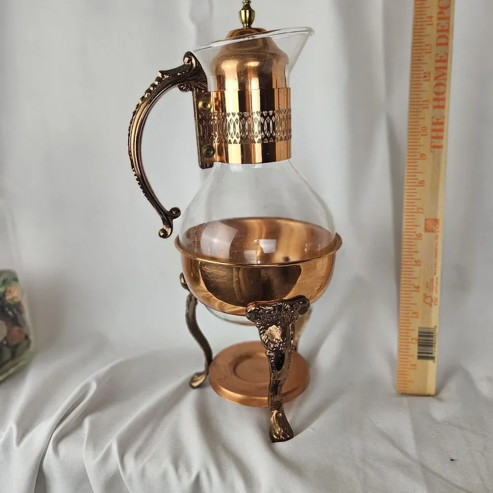 Vintage 70s Princess House Copper Glass Coffee Carafe Warming Stand  w/ Lid